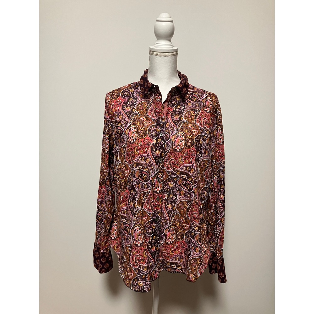 Cino Women Paisley Button Down Shirt XL Purple Pink Cotton Boho Long Sleeve